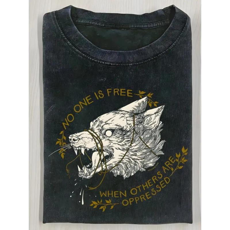 

European Size Men S No One Is Free Graphic T-Shirt - Water-Washed, High-Quality Wax Print, Retro Style, Casual Summer Tee with Wolf Head Design S чёрный