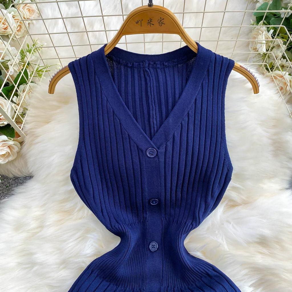 New Summer Solid Round Neck Sleeveless Sweater Knitted Dress for Women Casual Simple Single-breasted Elastic Bottoming Knitwear Dresses