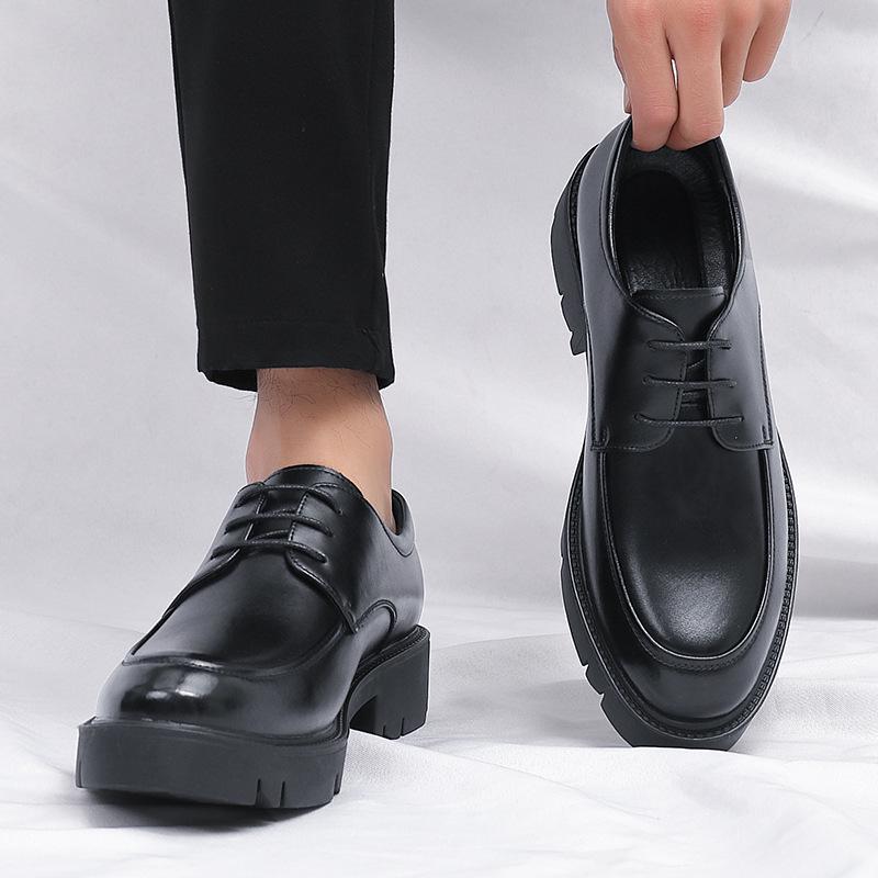 Men's Formal Leather Shoes, Autumn Style, 8CM Inner Lift, Thick Sole, Lace-up, Trendy Big Toe Design.
