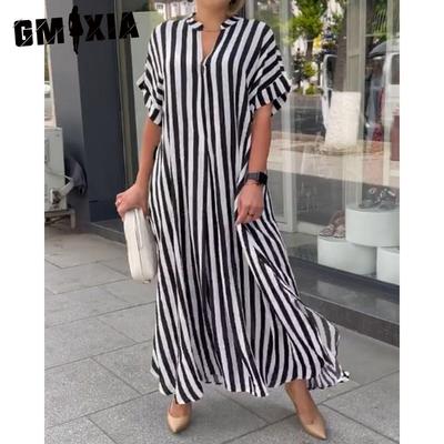 Vestidos casuales de cintura alta con cuello en V y manga corta con estampado de rayas para verano y primavera para mujer