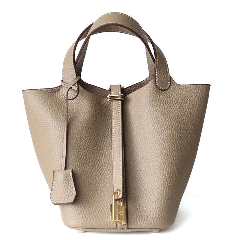 Women's Genuine Leather Bucket Handbag - Large Capacity, High-End Cowhide Veggie Basket Style