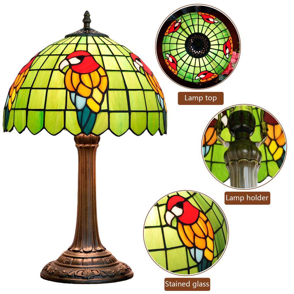 Handmade Parrot Motif Green Table Lamp Vintage Colored Glass Shade Christmas Gift Idea Decorative Lighting