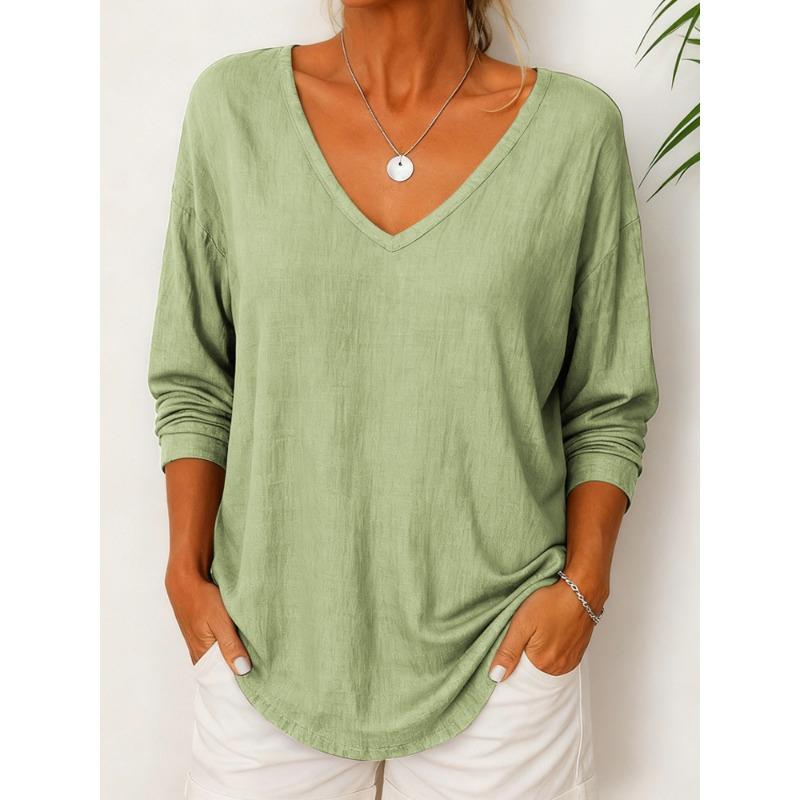 Autumn New Women's Casual Loose Fashionable Solid Color Long-sleeved V-neck Pullover Top