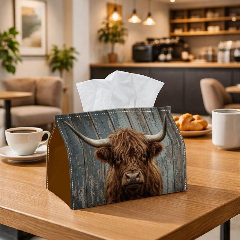 1pc Highland Cow Tissue Box Cover with Lid - Realistic Scottish Cow Suitable for Kitchen, Bedroom & Car, Washable Spill-Resistant Polyester Fabric Org