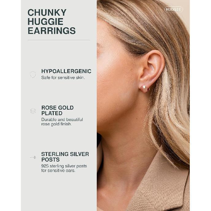 PAVOI 14K Gold Plated Chunky Huggies Earrings for Women - 925 Sterling Silver Posts Small Gold Huggie Hoop Earrings - Ultra Thick Hoops Trendy