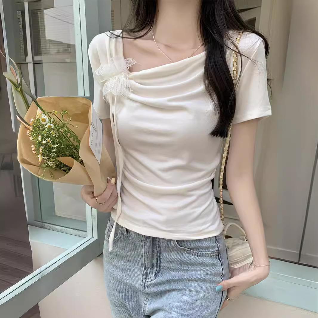 

Женская футболка с короткими рукавами, шнуровкой-бабочкой и косым вырезом горловины, летняя, нового дизайна, приталенная, сладкая и пикантная, короткий топ 2XL