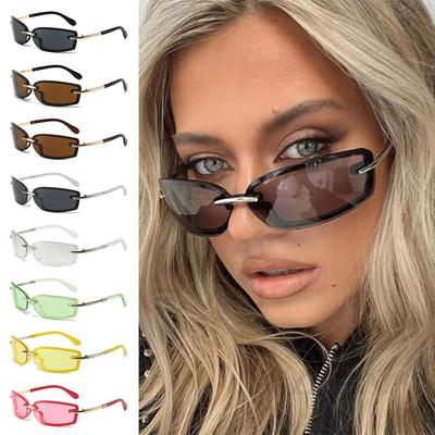 Small Rimless Square Candy Color Sunglasses Metal Temples UV Protection Women's Sun Glasses Y2K Futuristic Shades