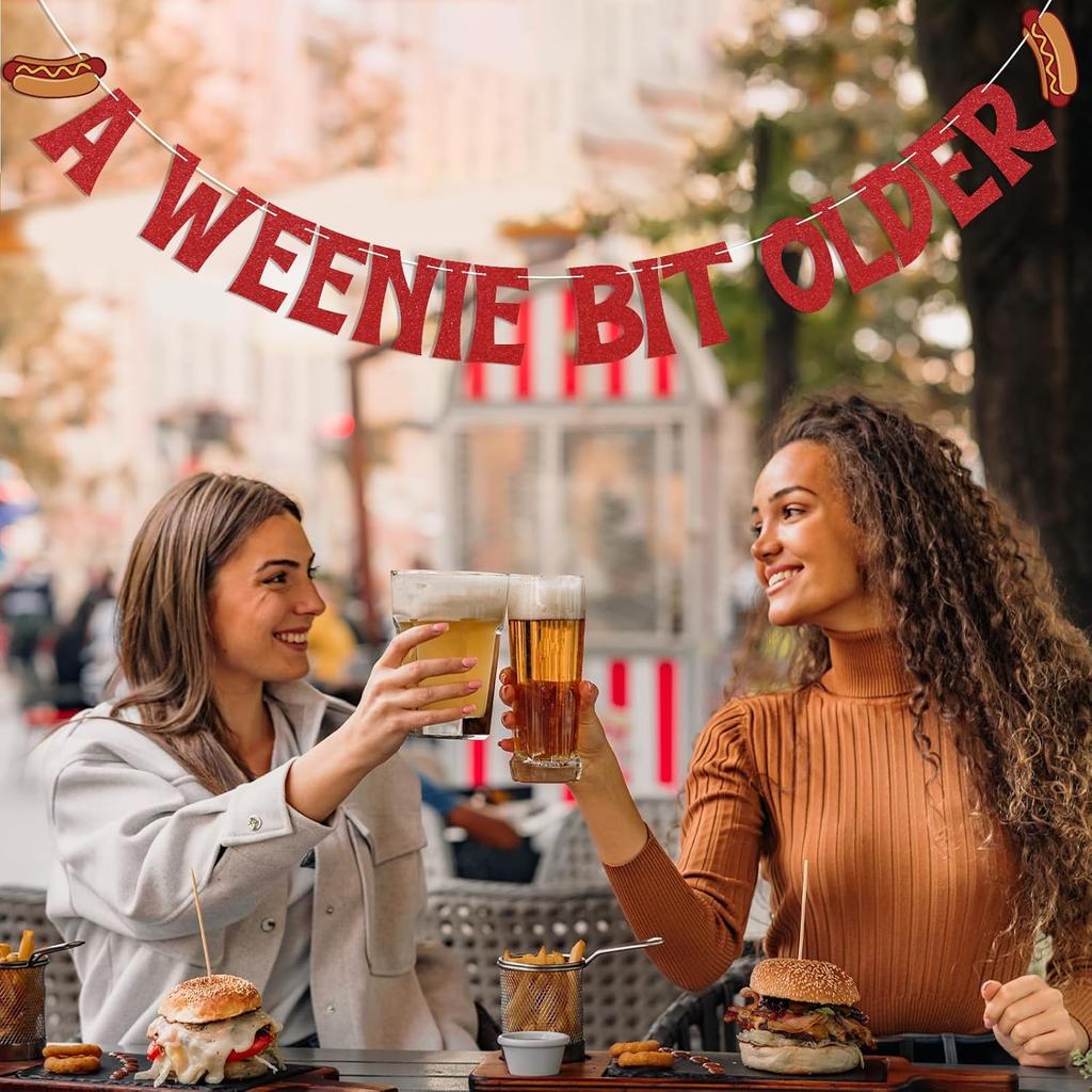 A Weenie Bit Older Banner - Hot Dog Birthday Decor, Retro BBQ Cookout Theme Birthday Party Decorations Red Glitter