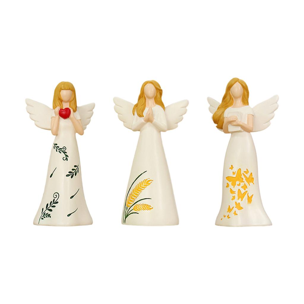 Praying Angel Statue Set (With Heart And Bible) - Elegant Beige Resin Statues Perfect For Home Altars And Spiritual Decor.
