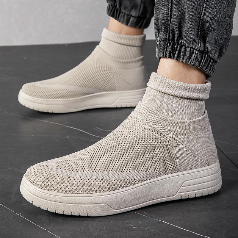 Men's Shoes Autumn New High-top Couple Socks Casual Shoes Large Size Thick Baseplate Shoes Breathable Fly-woven Mesh Sneakers