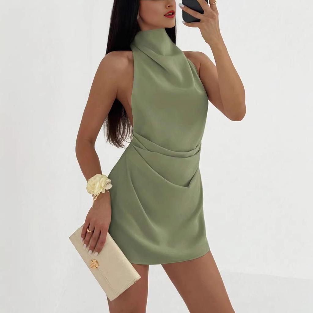 Women's Satin Halter Neck Mini Dress Backless Draped Waist Sleeveless Elegant Cocktail Party Evening Clubwear Short Dress 4 Colors