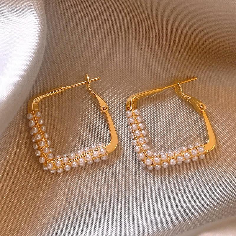 New French Style Square Gold Color Large Hoop Earrings for Women Fashion Design Temperament Pearls Earrings Wedding Jewelry Gift