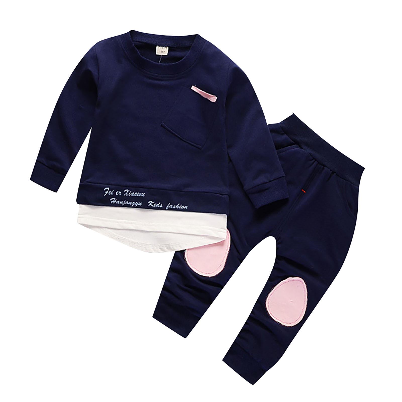 Новый Весенний Осенний Костюм для Девочки Младенца Детская Одежда Детская Футболка с Длинным Рукавом Брюки 2 шт./компл. Костюм Детские Спортивные Костюмы 80 тёмно-синий