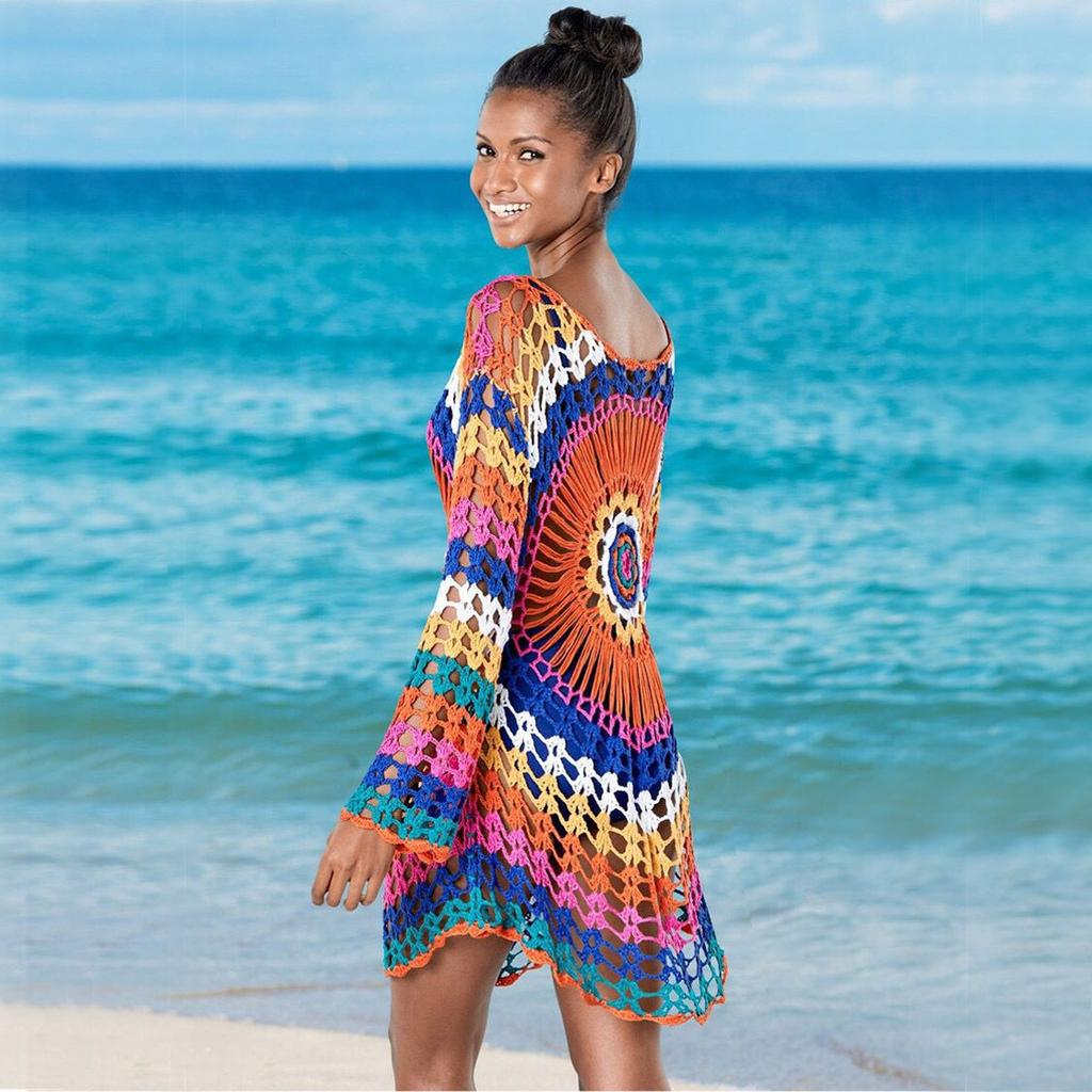 Damen Handgemachte Häkelarbeit Regenbogen Langarm Strand Cover Up Aushöhlen Lose Bikini Badeanzug Oberhemd
