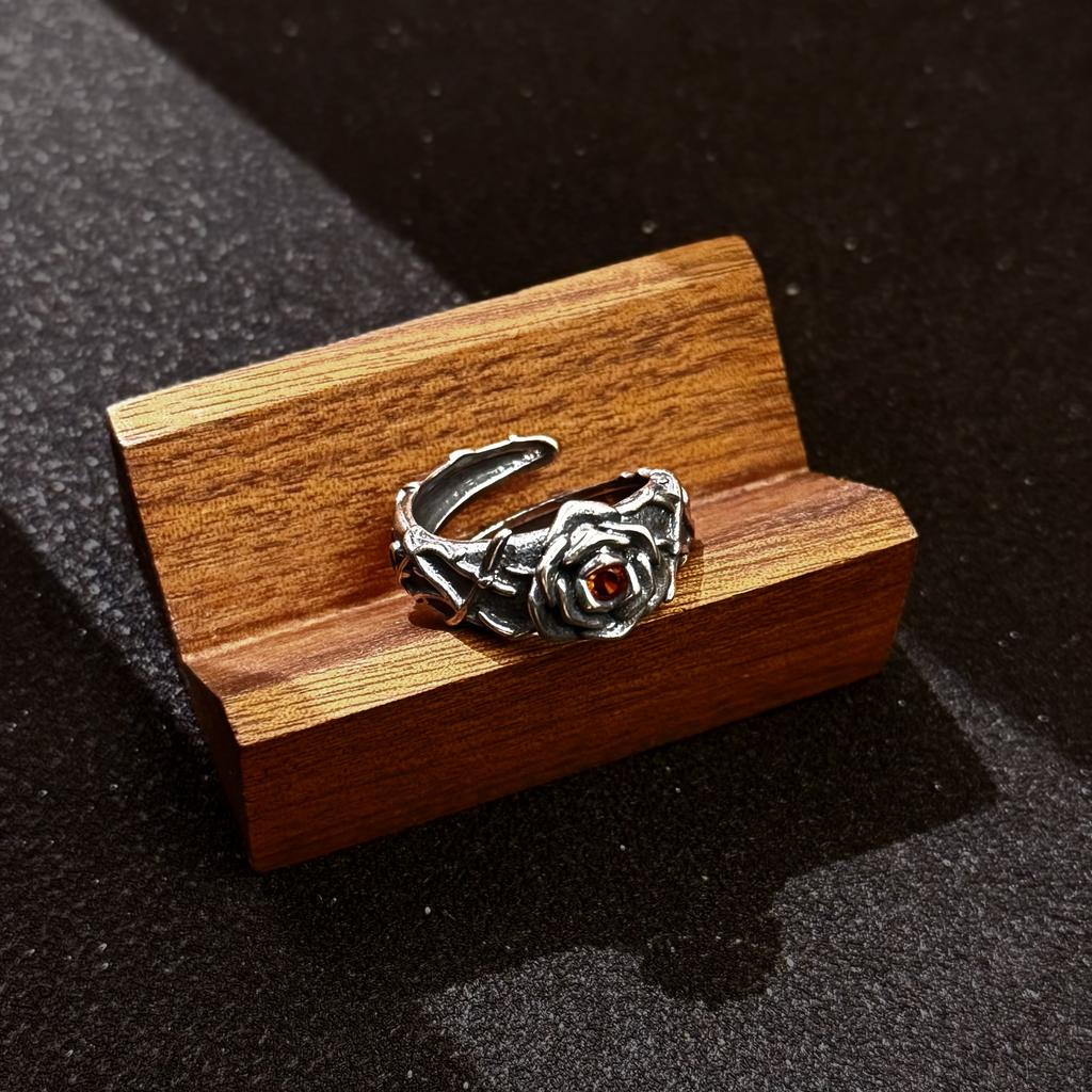 Retro Eeuwige Ranken & Rood Hart Roos Verstelbare Open Ring Voor Mannen Zilverkleurig Koper Punk Gotisch Edgy Sieraden Accessoires Cadeau