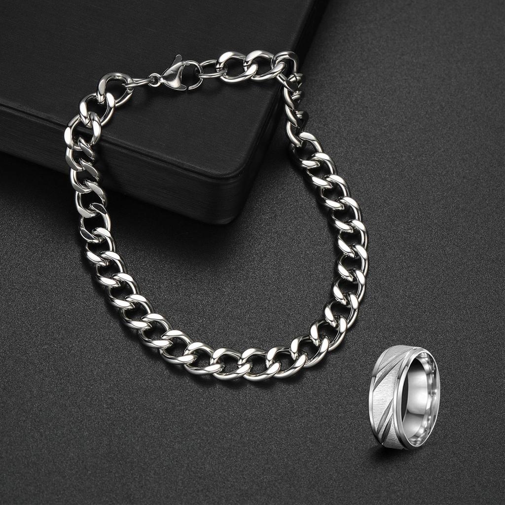 Stainless Steel Cuban Chain Bracelet & Ring Set - Men's Fashion
