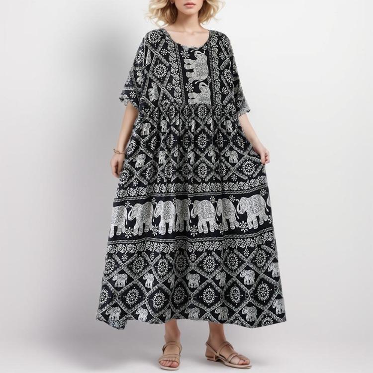 Neues Sommerliches Blumen-Maxikleid für Damen Übergröße Vintage-Stil Locker O-Ausschnitt Kurzarm Urlaubs-Kleid