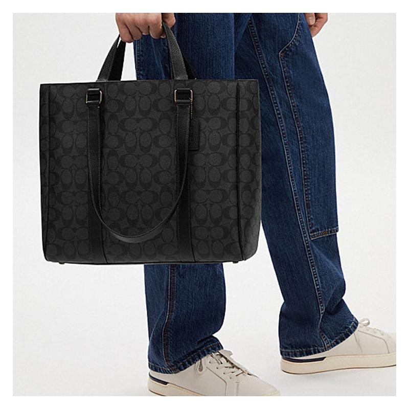 COACH Hudson 32 Signature Double Handle Canvas and Leather Shoulder Handbag Large Men's Black