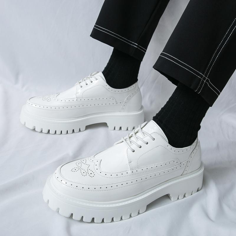 New Gold White Black Patent Leather Thick-sole Brogue Oxford Shoes For Men Dress Evening Wedding Footwear Zapatos Hombre Vestir