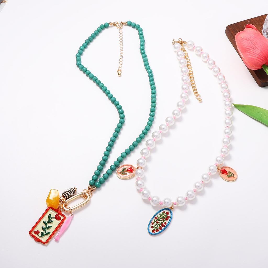 Trendy niche design sense printing pendant imitation pearl double-layer necklace seaside vacation sweet and versatile women's models