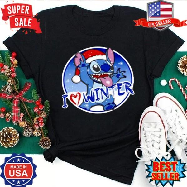 NEW Santa Stitch I Love Winter Christmas T-Shirt S-5XL Unisex T-Shirt XL