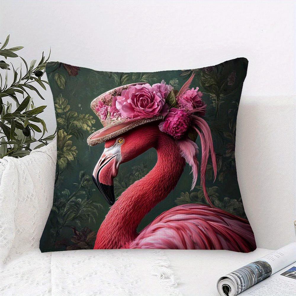 Double Sided Vintage Victorian Flamingo Pillow Cover 3D Pink Rose Flower Hat Print Soft Throw Pillow Case For Home Decor Gift