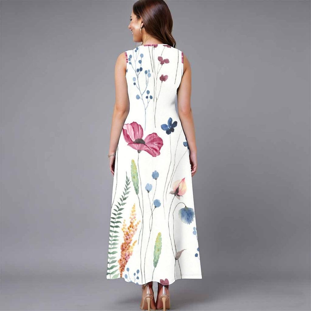 Plus Size Women Sleeveless Round Neck Dress Romantic Floral Printed Flowy Calf Length Gown