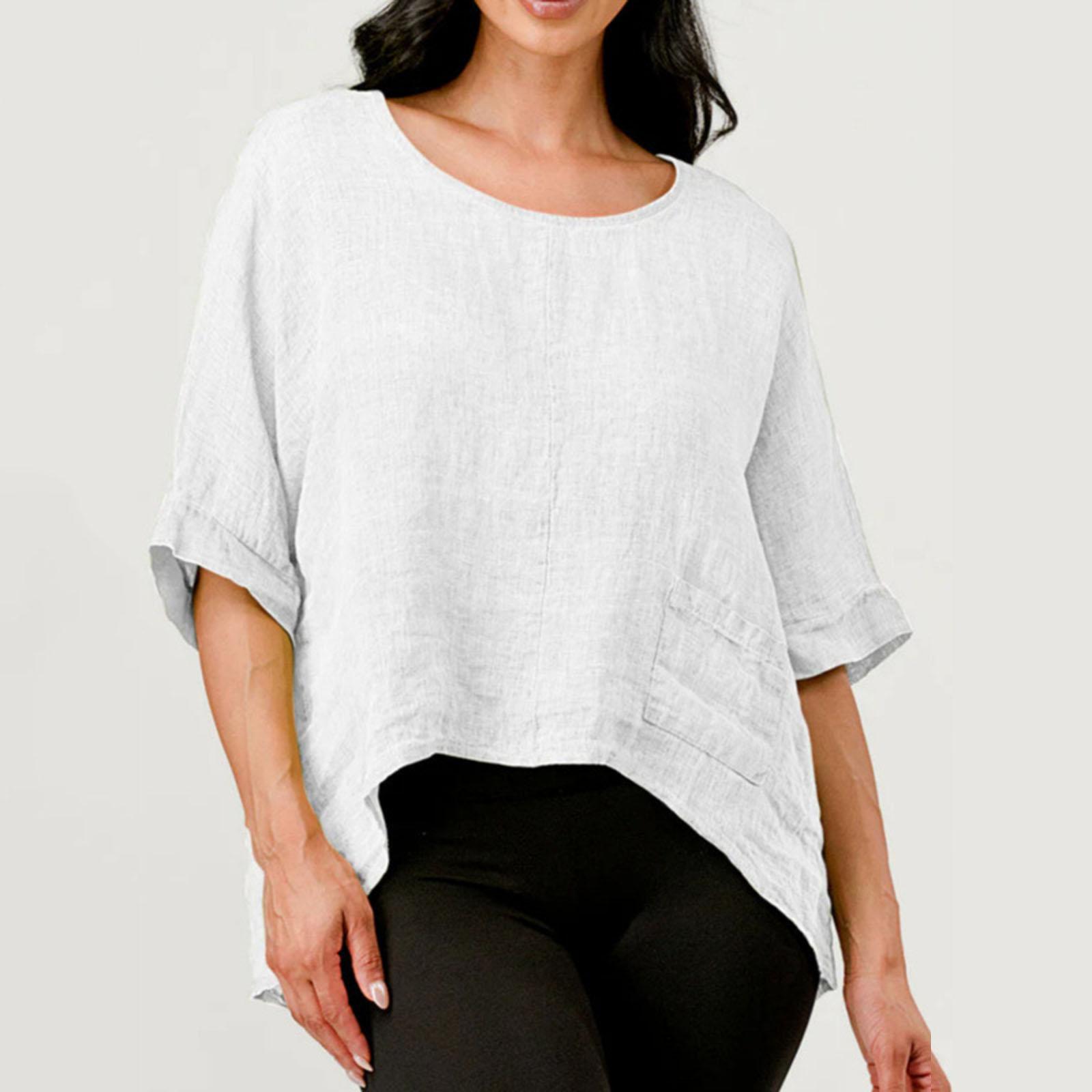 

Women s Fashionable Loose-Fit Round Neck Short-Sleeve Cotton-Linen Blend Shirt Top XL білий