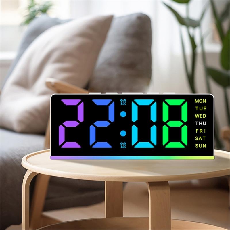 Color Changing Bedside Clock LED Time Week Date Display Quiet Night Light Brightness Adjustable Home Bedroom Accessory