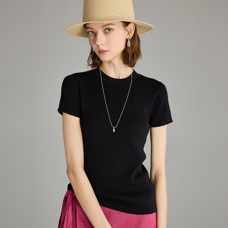Wudao Mulberry Silk & Linen Blend Rib Knit Short Sleeve T-shirt