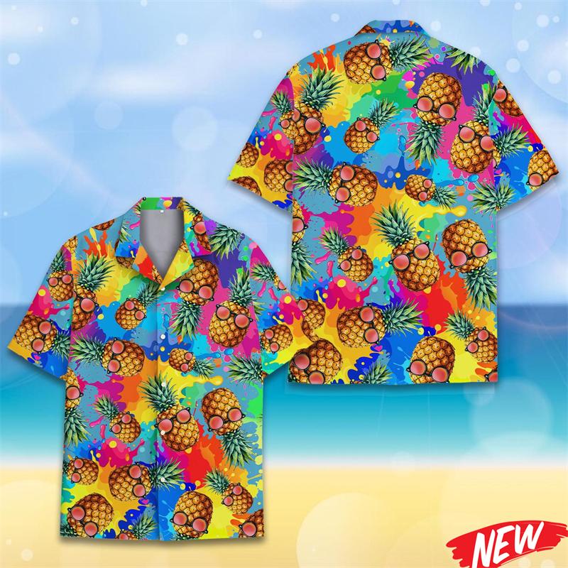 Funny Tropical Fruit Pattern Hawaiian Shirts 3d Printed Pineapple Button Men's Shirt Summer Short Sleeve Quick Dry Lapel Blouse