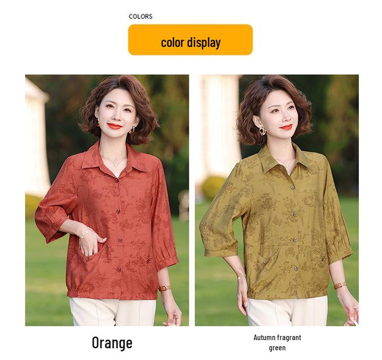 Elderly Women's Summer Solid Color Cardigan with Three-Quarter Sleeves