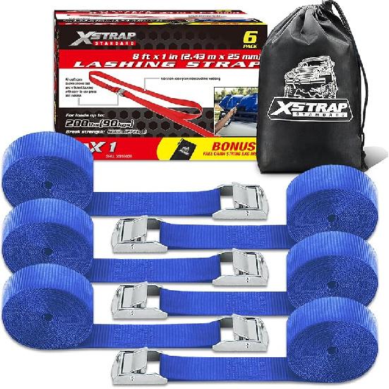 XSTRAP STANDARD Padded Cam Lock Buckle 6PK 8FT Powersports Tie-Downs Black Lashing Straps, Come With A Drawstring Bag, For Securing Cargo, Luggage,