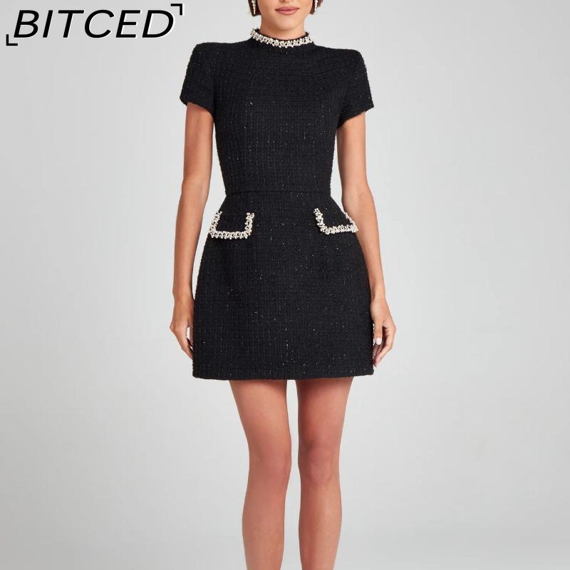 Элегантное женское облегающее платье BITCED с круглым вырезом и бисером S чёрный