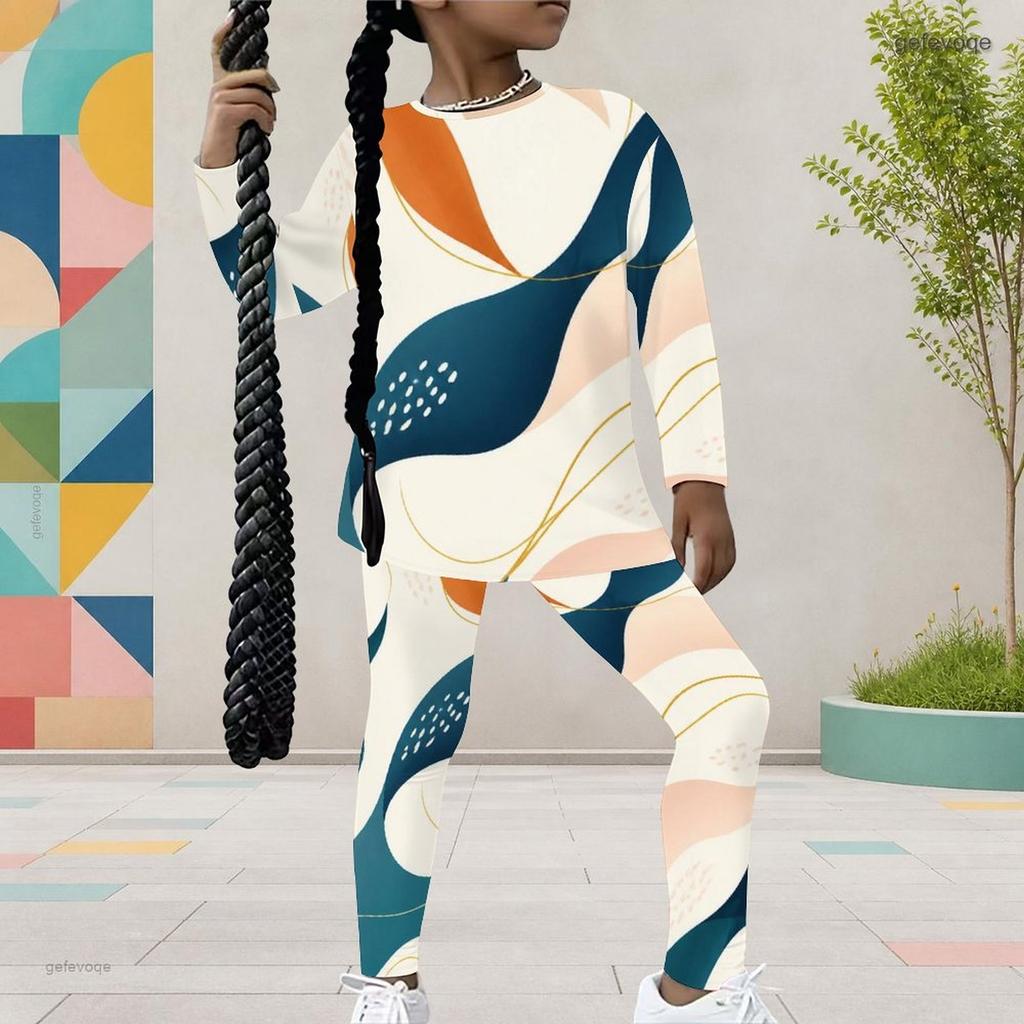 Girls Abstract Printed Round Neck Long Sleeve Top And Fitted Pants Two Piece Set