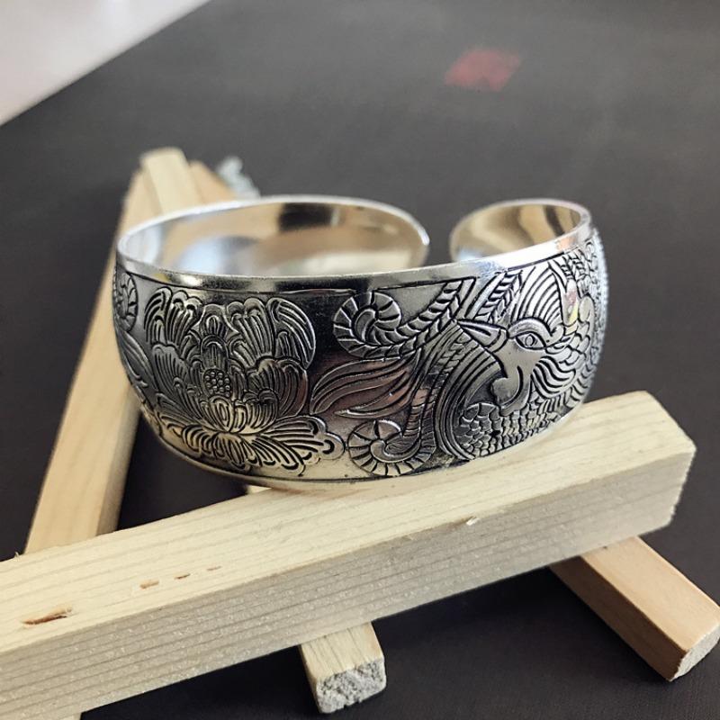 Retro Silver Bracelet Engraved Opening Wide Bracelet Fashionable Personality Miao Silver Old Antique Jewelry