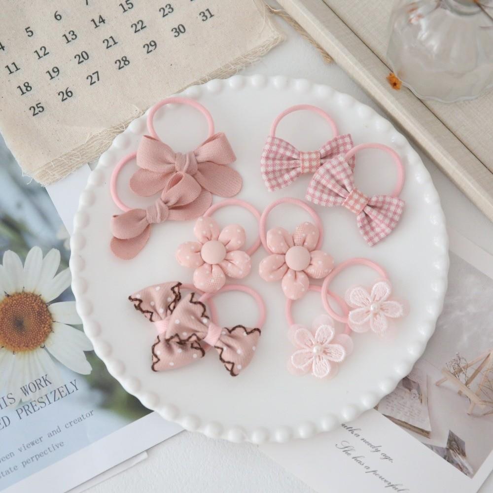 10pcs Handmade Flower Bows Hair Ropes Elastic Harpin Girls Hair Bows Set No Harm Hair Accessories Bowknot Hair Ties