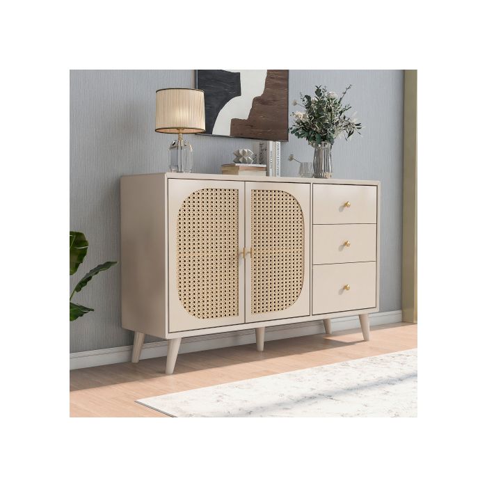 Buffet de rangement - MUVOE - Beige - Largeur 120 cm - Portes et tiroirs - Design moderne