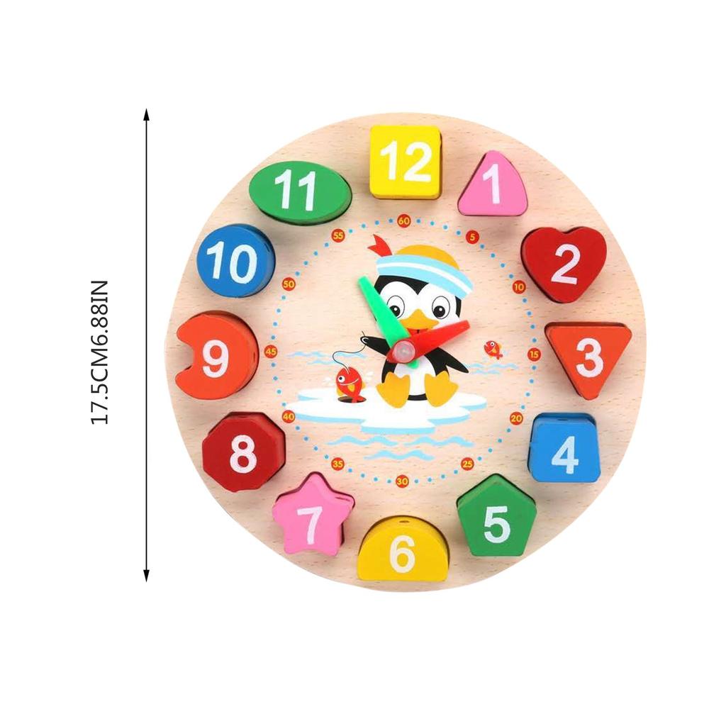 (H0826)Digitale Uhr Geometrische Blöcke Holz Cartoon Pinguin Zeit Zahlen Spielzeug für Kinder