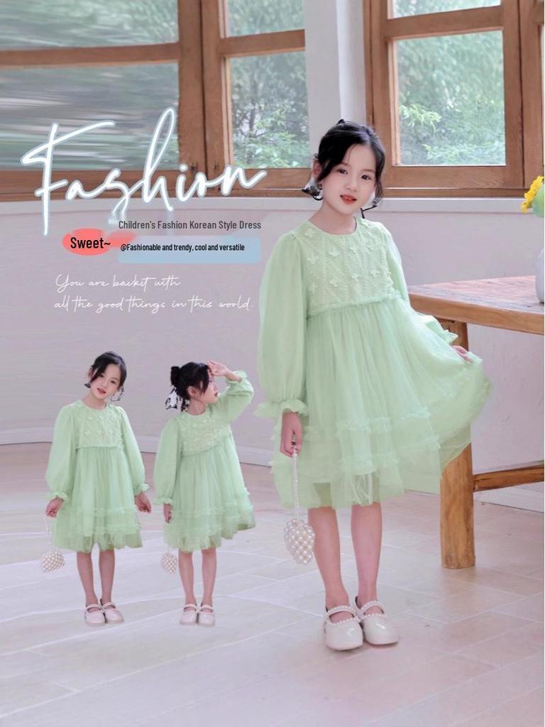 Girls' 2025 Spring/Autumn Long Sleeve Tulle Princess Dress - Perfect Birthday Gift for Middle Childhood