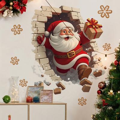 Vianočné nástenné nálepky Santa Claus Santa Prerážajúci Tehlovú Stenu Vtipná 3D Ilúzia Akcentový Samolepiaci Dekor na Sviatočnú Domácu Párty Obývaciu Izbu Spálňu