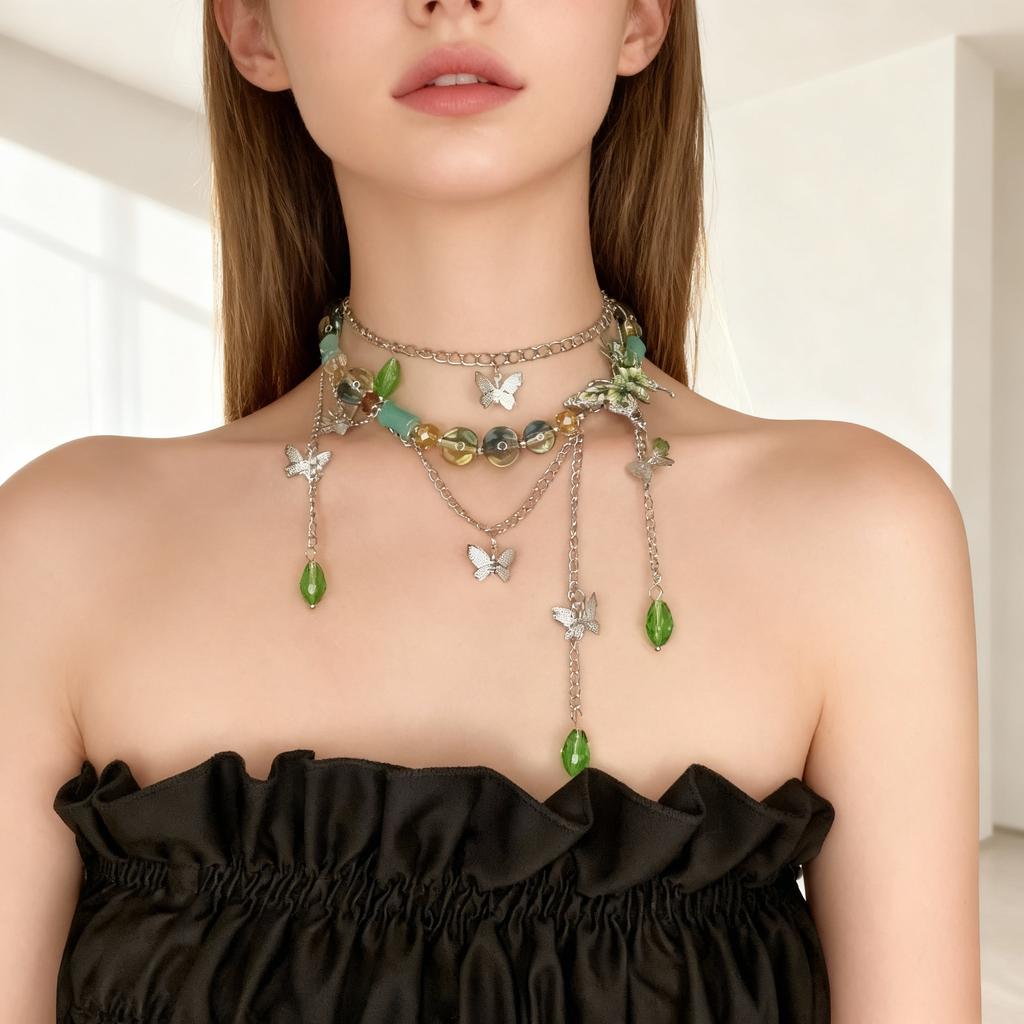 Temperament Rhinestone Butterfly Necklace for Women Girl Elegant Green Crystal Long Tassel Necklace Aesthetic Party Jewelry