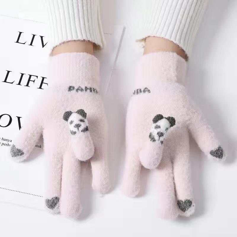 Winter Gloves Winter Girl Thickened Five-finger Student Cute Knitted Cold-proof Riding Touch Screen Warm Cycling Gloves