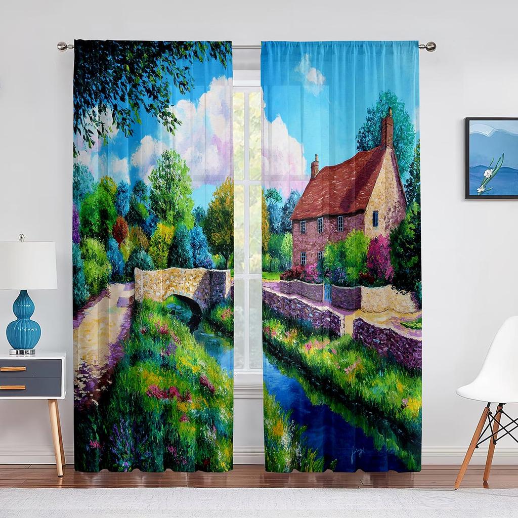 Perdele din șifon cu peisaj fantezic, perdele din tul pentru casă lângă munte și râu, pentru decorarea casei de living