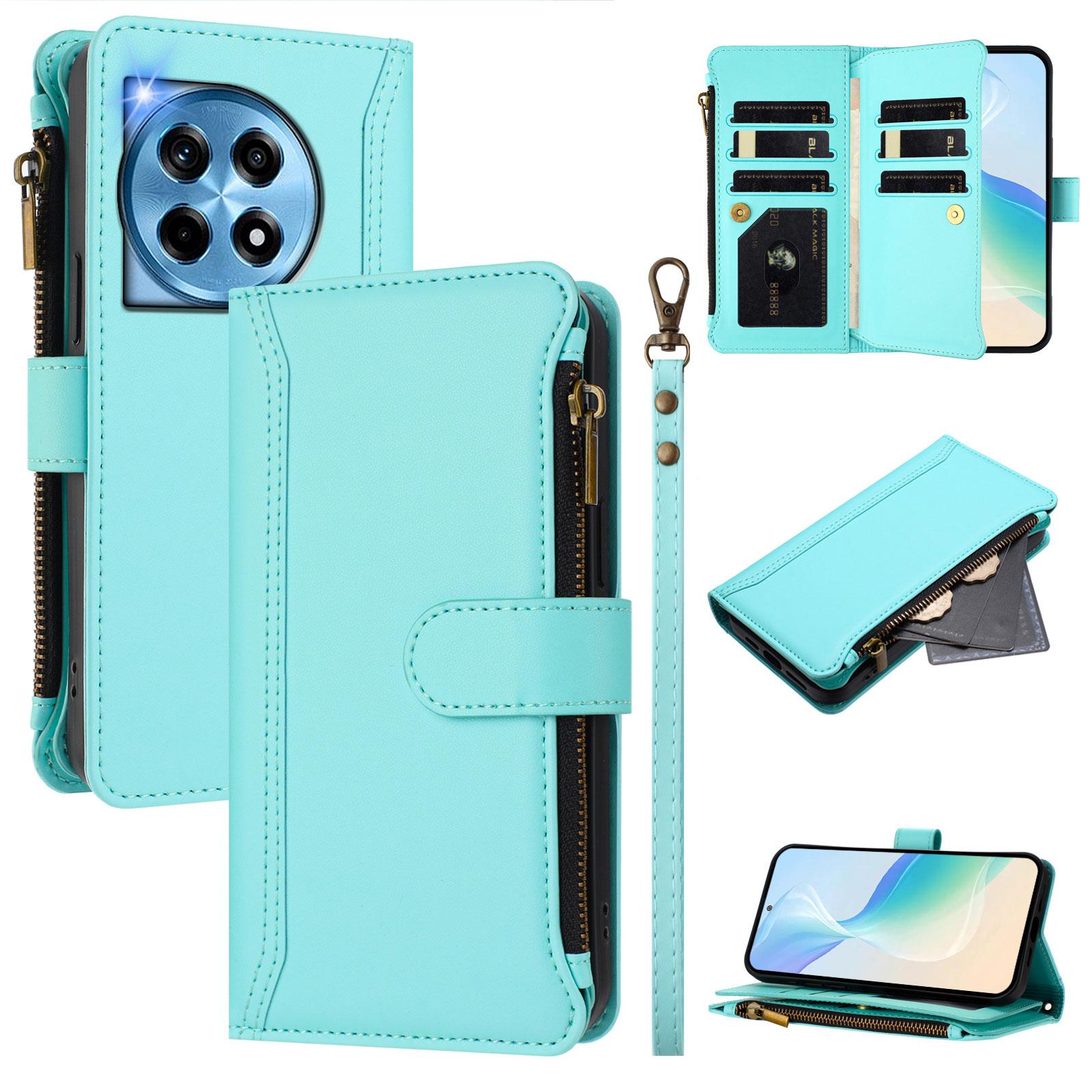 

For OnePlus Ace 3 5G/OnePlus 12R 5G Leather Case 9 Card Slots Zipper Wallet Stand Phone Cover with Wrist Strap E