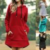 Long Hoodie Solid Color Drawstring Autumn Winter Large Pocket Irregular Hem Hooded Dress for Daily Wear