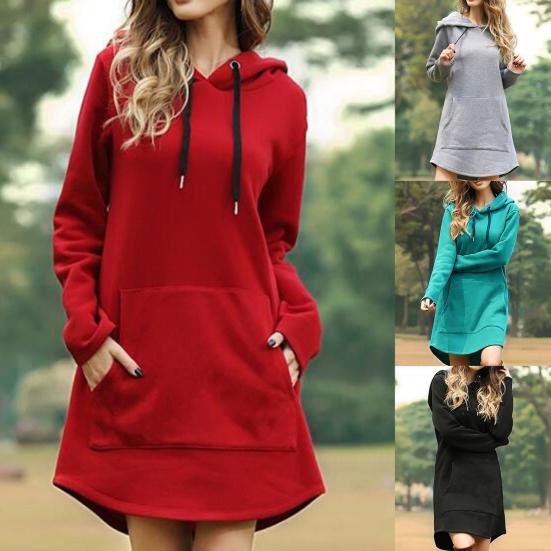 Long Hoodie Solid Color Drawstring Autumn Winter Large Pocket Irregular Hem Hooded Dress for Daily Wear