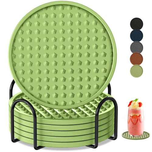 KEHOUXRE Drink Coasters, 6-Pack with Holder, Heat-Resistant Silicone Cup Mats, Tabletop Protection, Non-Slip Rubber Coasters for Various Cups (Green)