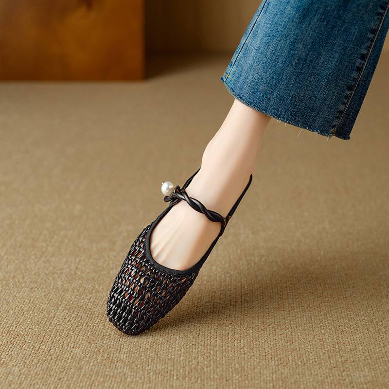 Krazing Pot Microfiber Mules Weaving Summer Size 41 Low Heels Pearl-studded Party Shoes Women Square Toe Gladiator Hollow Out Pumps