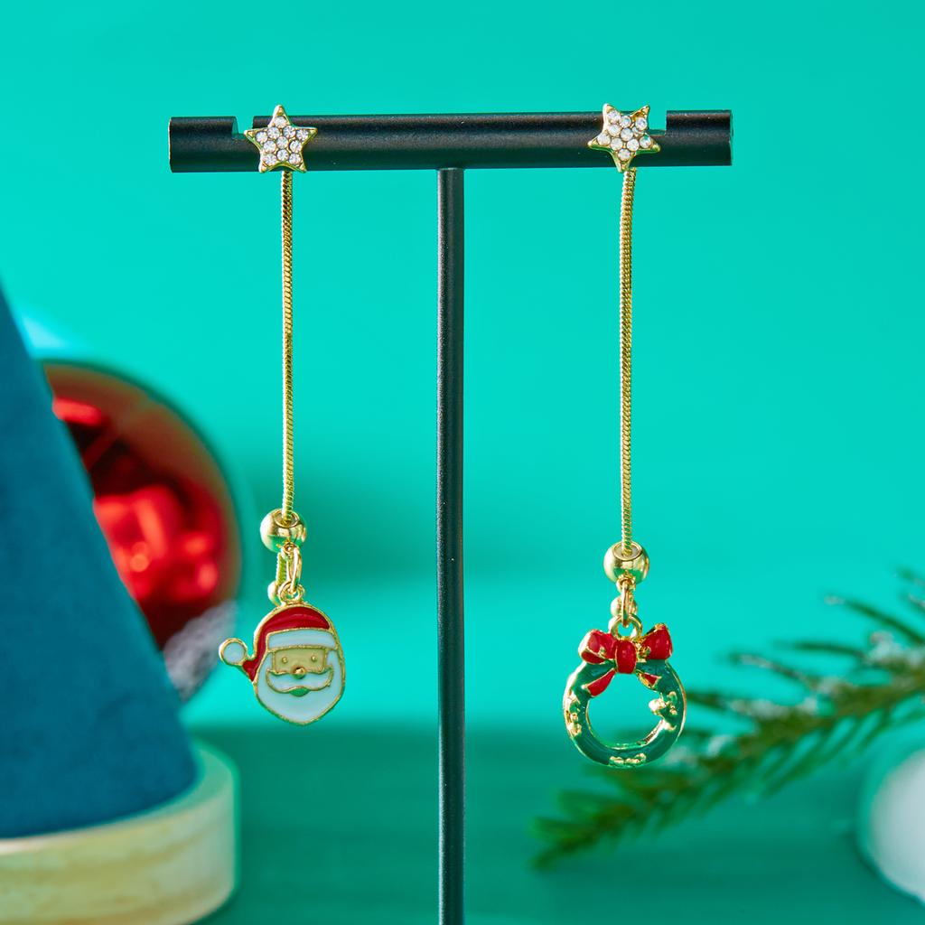 Moving Santa Claus Asymmetric Long Tassel Drop Earrings For Women Christmas Tree Snowflake Star Zircon Earring New Year Jewelry